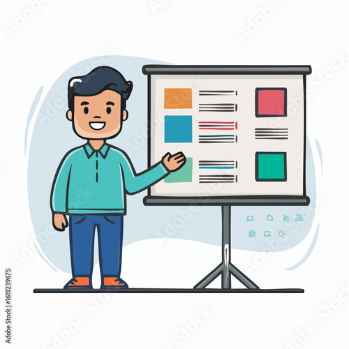 A smiling cartoon man gives a presentation, pointing at a chart on a projector screen.