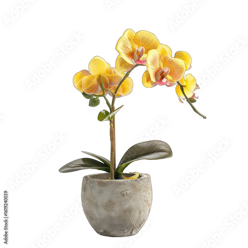 A small, potted orchid, vibrant yellow blooms