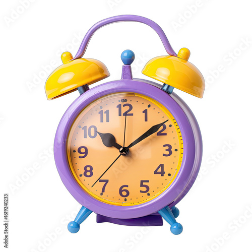 Purple alarm clock with yellow bells, showing a time