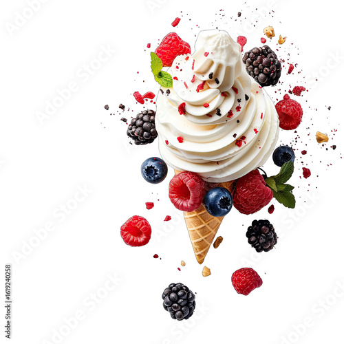Whipped cream ice cream cone with berries.  Fresh berries, raspberries, blackberries, and blueberries,  scattered around a waffle cone filled with swirled, white ice cream