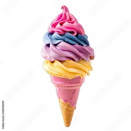 Vibrant ice cream cone with three layers of pastel-colored swirls