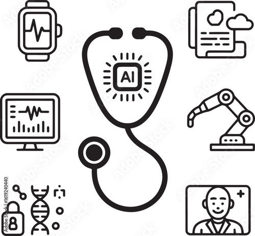 Smartwatch medical monitor robotic arm D N A strand and doctor heart rate technology