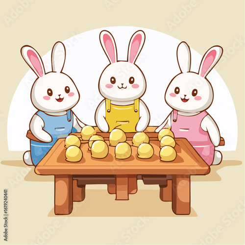 Three cute cartoon rabbits in colorful aprons making traditional mooncakes at a table.