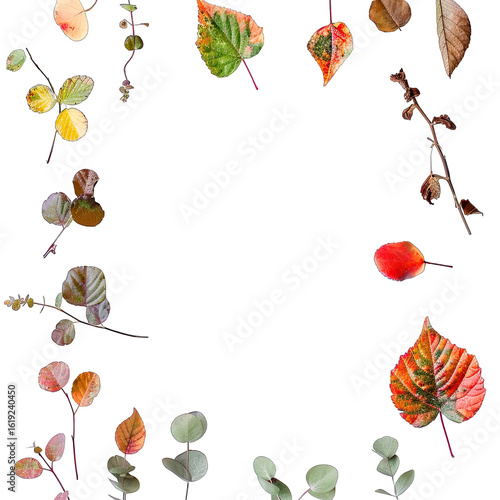Colorful autumn leaves and sprigs form a frame around a black center