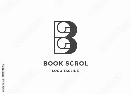Initial Letter B with Spiral Curly Page or Paper Twirl Roll Scroll logo design. stylized letter B integrated with an abstract representation of an open book or paper scroll.