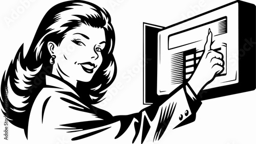 Illustration of a woman with wavy hair opening a safe with a keypad in black and white style design silhouette