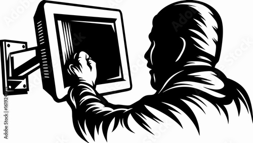 Silhouette of a person interacting with a wall mounted touch screen monitor in black and white vector art