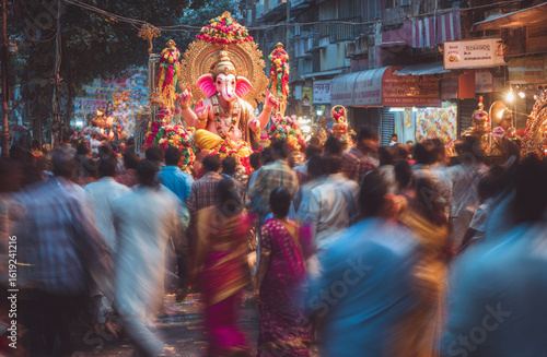 Mumbai Street Celebration of Ganesh Chaturthi Festival – Colorful Crowd Honoring Lord Ganesha