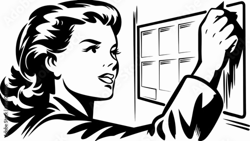 Woman with dark hair adjusting papers on a bulletin board in a black and white comic book style image silhouette