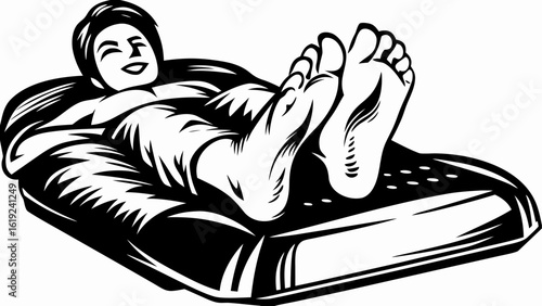 Illustration of a person reclining on a massage bed with their feet up and a blissful expression on their face silhouette