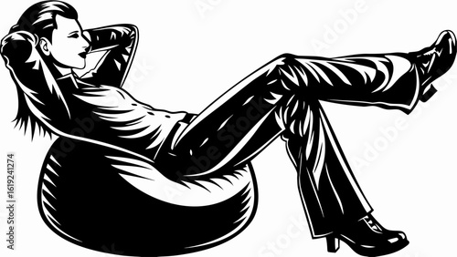 Woman in suit reclining on beanbag chair with hands behind her head in black and white illustration silhouette