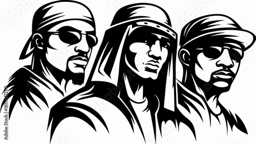 Three men wearing headwear and sunglasses in a monochrome illustration with bold graphic style silhouette