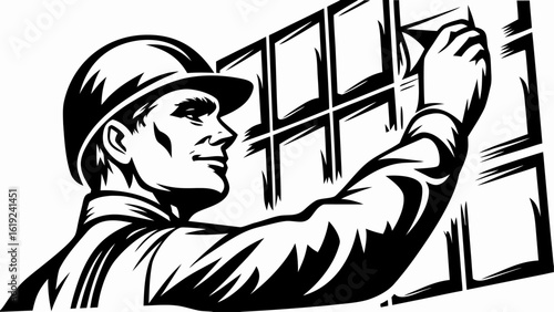 Monochrome illustration of a construction worker installing windows in a building structure project site silhouette