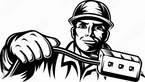 Illustration of an electrician wearing a hard hat holding an electrical outlet with a cable cord silhouette