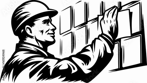 Construction worker in helmet installing tiles on a wall in black and white illustration style art silhouette