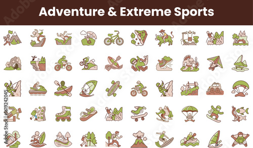 A vibrant collection of adventure and extreme sports icons, showcasing various activities like rock climbing, surfing, and cycling in a fun, playful style.