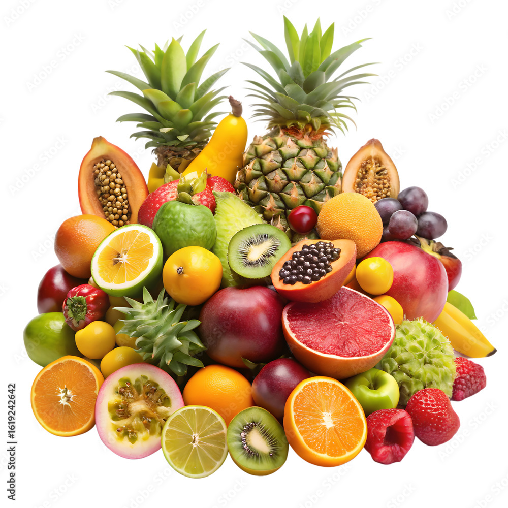 Assortment of fresh tropical and common fruits isolated on transparent background Assortment of fresh tropical and common fruits isolated on transparent background