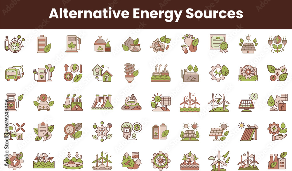 Fototapeta premium A vibrant collection of 64 icons representing various alternative energy sources, featuring solar panels, wind turbines, and biofuels, emphasizing sustainability and innovation.
