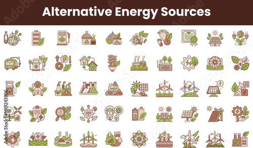 A vibrant collection of 64 icons representing various alternative energy sources, featuring solar panels, wind turbines, and biofuels, emphasizing sustainability and innovation.