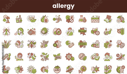 A colorful assortment of allergy-related icons representing various allergens, including plants, foods, and insects, all in a visually appealing, playful design.