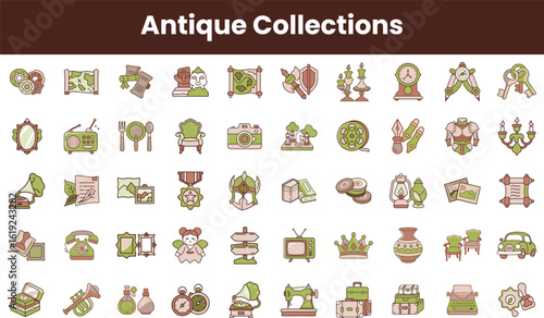 A colorful array of antique icons, featuring vintage items like clocks, cameras, and furniture, evoking nostalgia and charm in soft pastel colors.