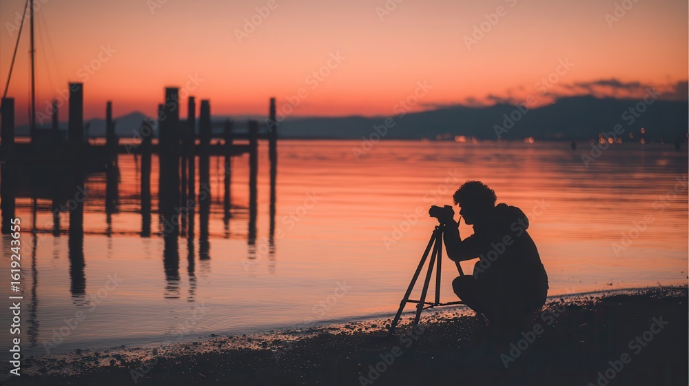 Fototapeta premium Silhouette of a photographer taking a picture of a sunset over the water.