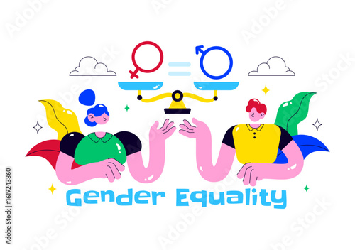 Gender Equality Illustration Featuring Male and Female Characters on a Balanced Scale Representing Equal Rights and Opportunities in a Background
