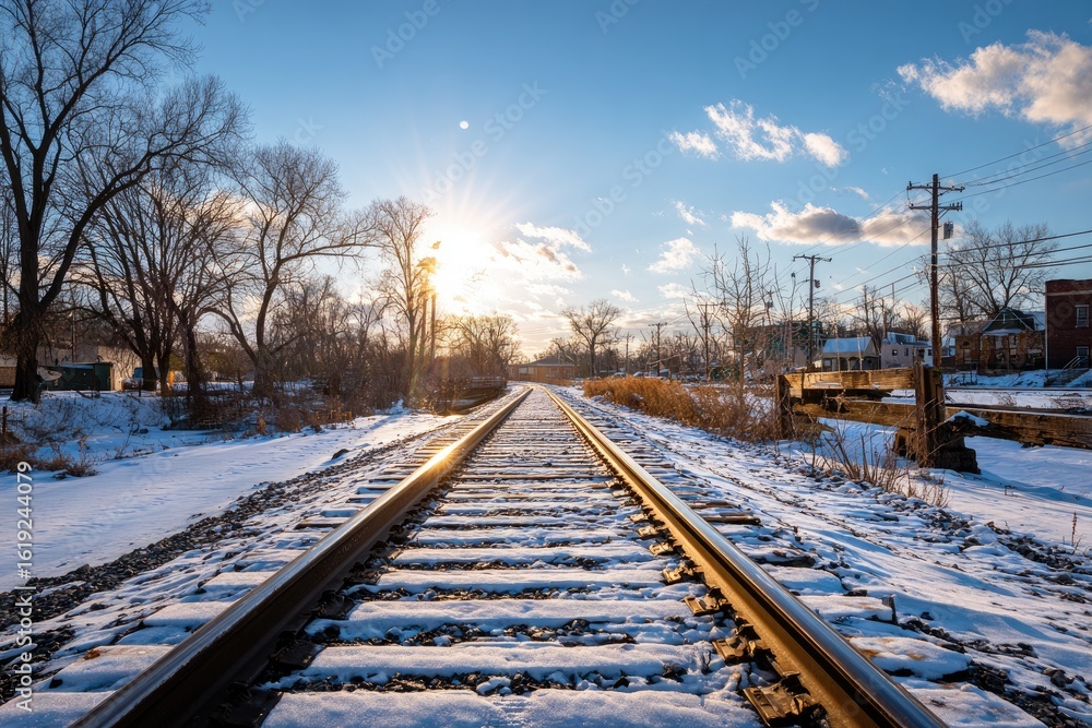 Fototapeta premium Snowy train tracks stretching into a winter sunset