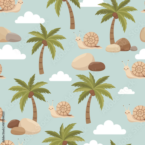 Seamless pattern of stylized desert landscape with sun, clouds, palm trees, and snails.