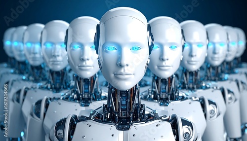 A row of humanoid robots with glowing blue eyes, showcasing intricate mechanical detail
