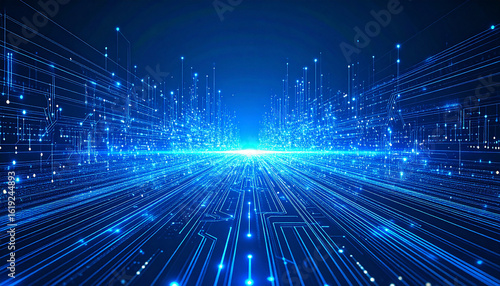 Digital Network Pathway: An abstract digital rendering showcases a vibrant blue network pathway, symbolizing the interconnectedness of modern technology and information flow.