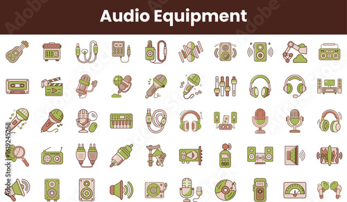 A colorful array of audio equipment icons, featuring microphones, speakers, headphones, and various sound accessories, showcasing the diversity of sound technology.