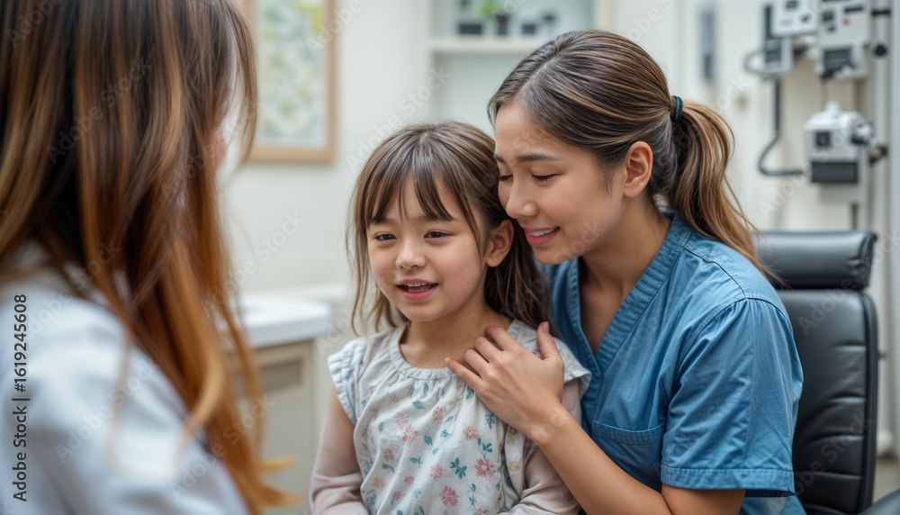 An intern or nurse comforting a young girl in a doctor's office. Mother watching on. The young girl and nurse are smiling. Pediatric environment. An intern or nurse comforting a young girl in a doctor's office. Mother watching on. The young girl and nurse are smiling. Pediatric environment.