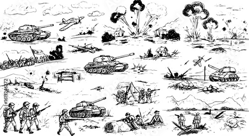 Monochrome War Combat Sketch Collection: Tanks, Infantry, Aircraft, and Explosions Illustrating Intense Battlefield Action.