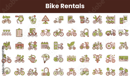 A vibrant collection of bike rental icons featuring various bicycle designs, rental tools, and nature motifs, highlighting eco-friendly transportation options.