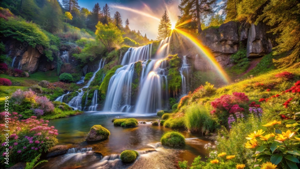 Obraz premium Serene Waterfall Cascading Through a Vibrant Floral Paradise at Sunrise with a Rainbow