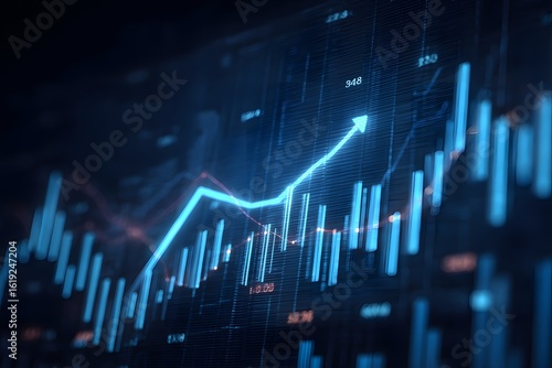 The background is dark blue, with an upward arrow drawn on the screen and some stock market charts in front of it. The lines have light colors and glowing effects.
