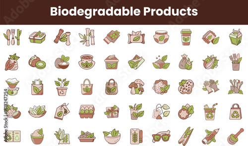 A diverse collection of biodegradable product icons featuring plants, packaging, and eco-friendly designs, illustrating sustainability and environmental consciousness.