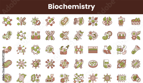 Colorful biochemistry icons featuring DNA, proteins, cells, and lab equipment on a brown background. Perfect for educational and scientific projects.