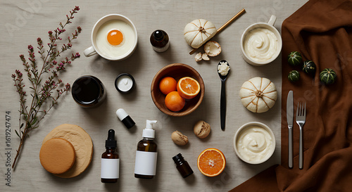Elegant wellness flat lay with organic skincare products, healthy breakfast and fall decor elements