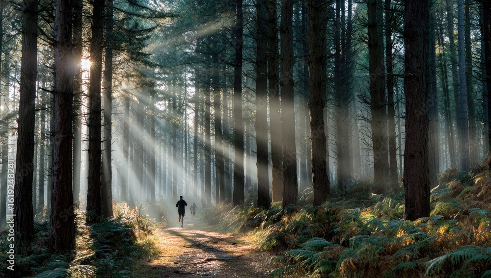 Obraz premium Runner in sunlit forest path, morning mist, nature, exercise, wellbeing