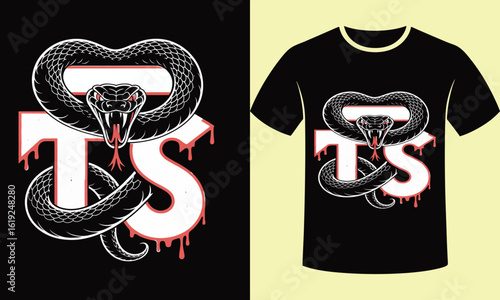 White coiled serpent with dripping red accents around white letters on black snake