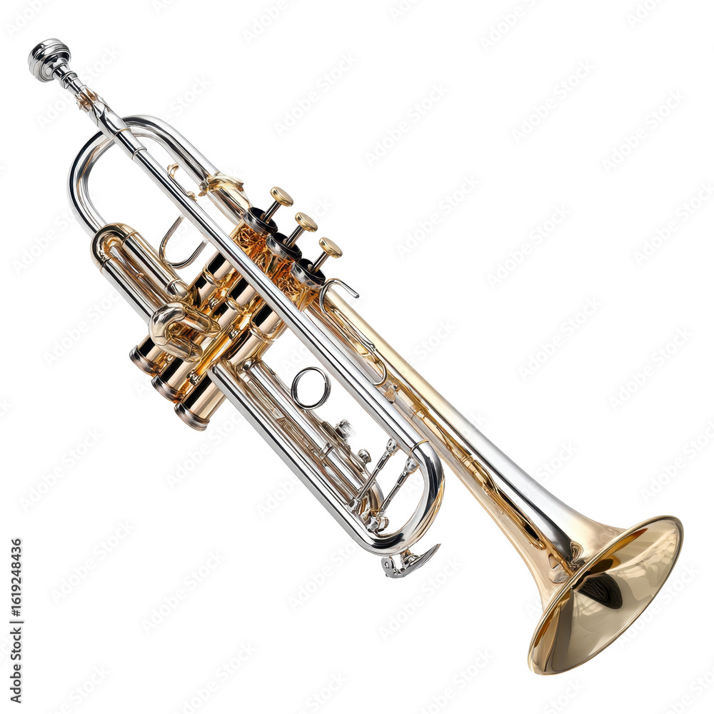 Obraz premium A gleaming brass trumpet isolated against a black backdrop., on a transparent background