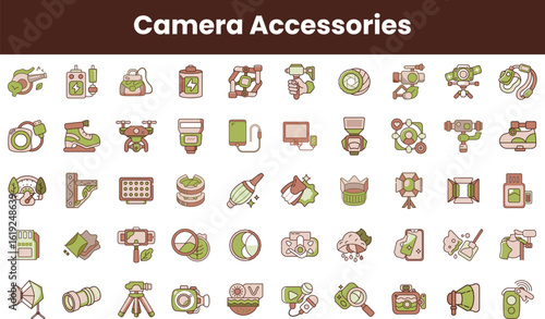 Collection of camera accessories icons in a minimalist style, featuring a variety of tools for photography and videography enthusiasts.