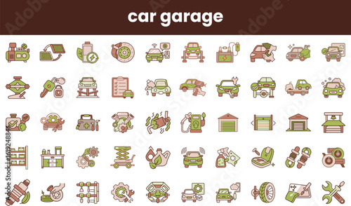 A vibrant collection of automotive icons representing various garage tools and services, perfect for car enthusiasts and mechanics.
