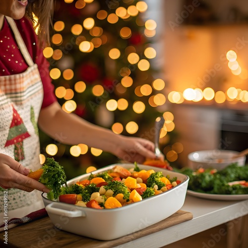 Festive Holiday Cooking Scene with Hands Preparing Dish