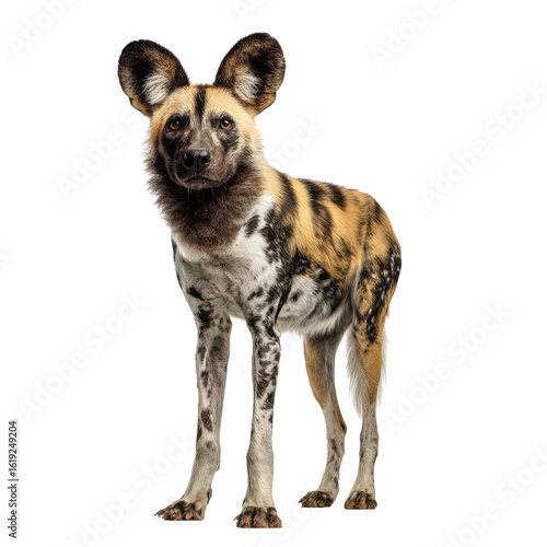 A striking African wild dog, also known as a painted wolf, stands alert against a black backdrop., isolated on white background
