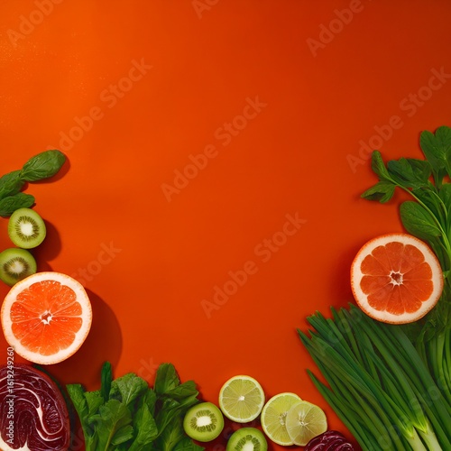 Fresh Food Flat Lay Border on Orange Background with Copy Space