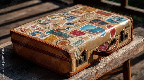 Vintage suitcase with numerous travel stickers.