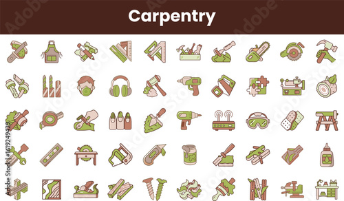A vibrant collection of carpentry icons featuring tools and equipment in various shades, portraying the essence of woodworking and craftsmanship.